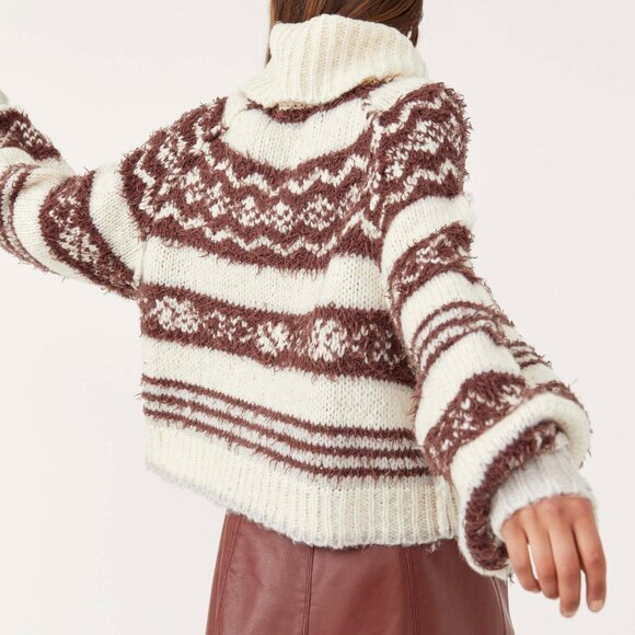 Free People Women's Check Me Out Pullover Sweater Size Small Brown Cream - Picture 3 of 14